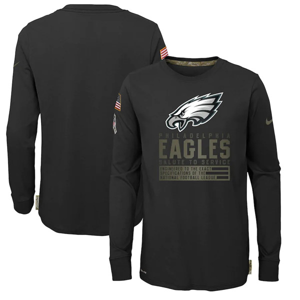 Youth Philadelphia Eagles 2020 Black Salute To Service Sideline Performance Long Sleeve T-Shirt